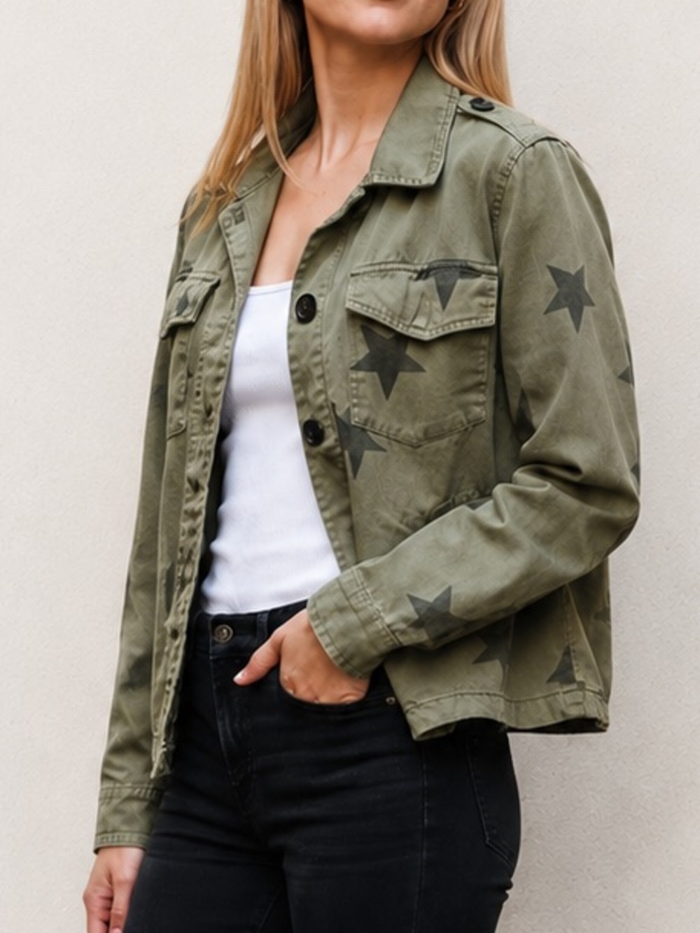 Blank NYC Olive Star Print Utility Jacket Small